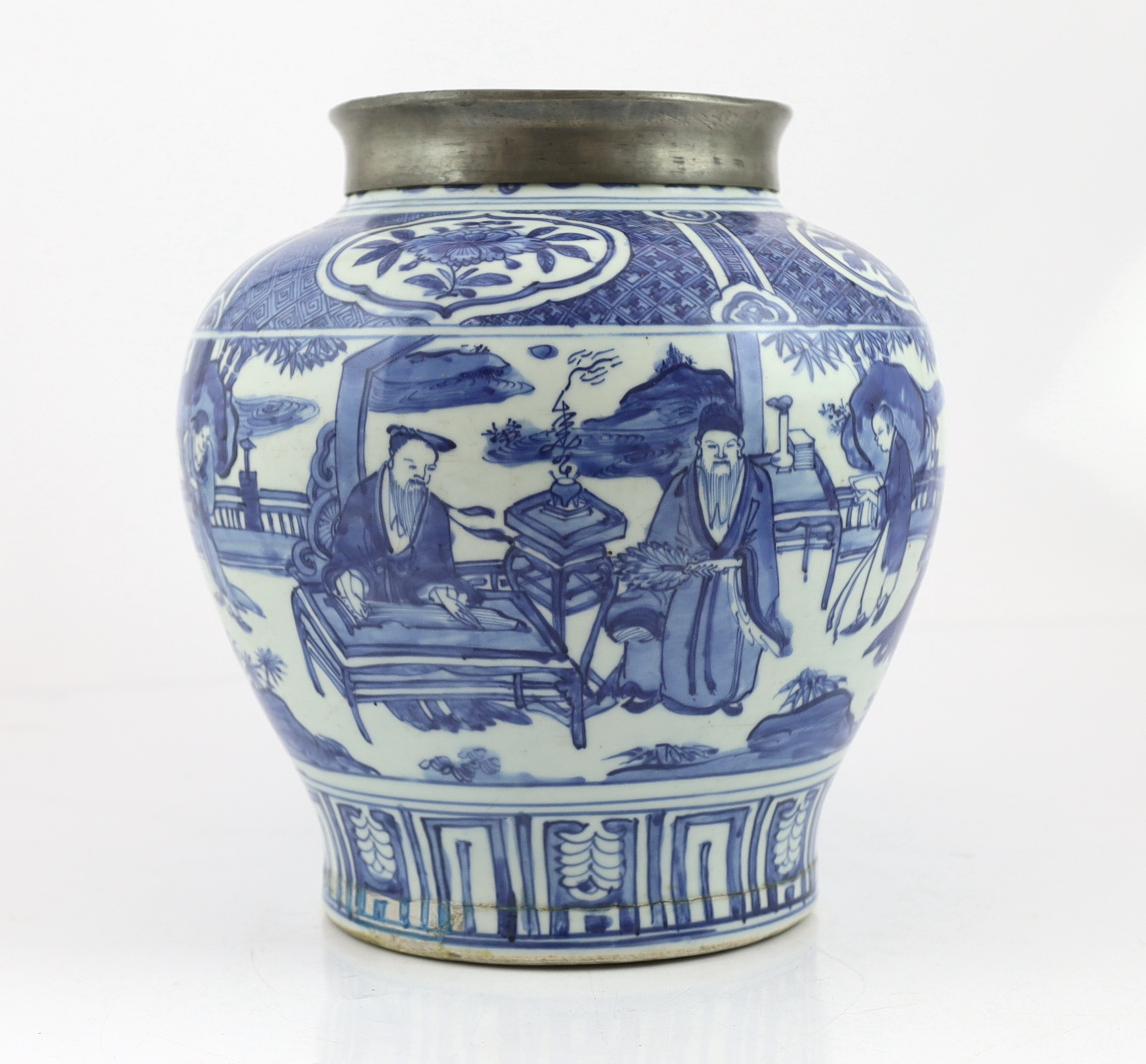 A Chinese Ming blue and white ‘scholars’ jar, guan, Wanli period (1572-1620), broken around base and restuck